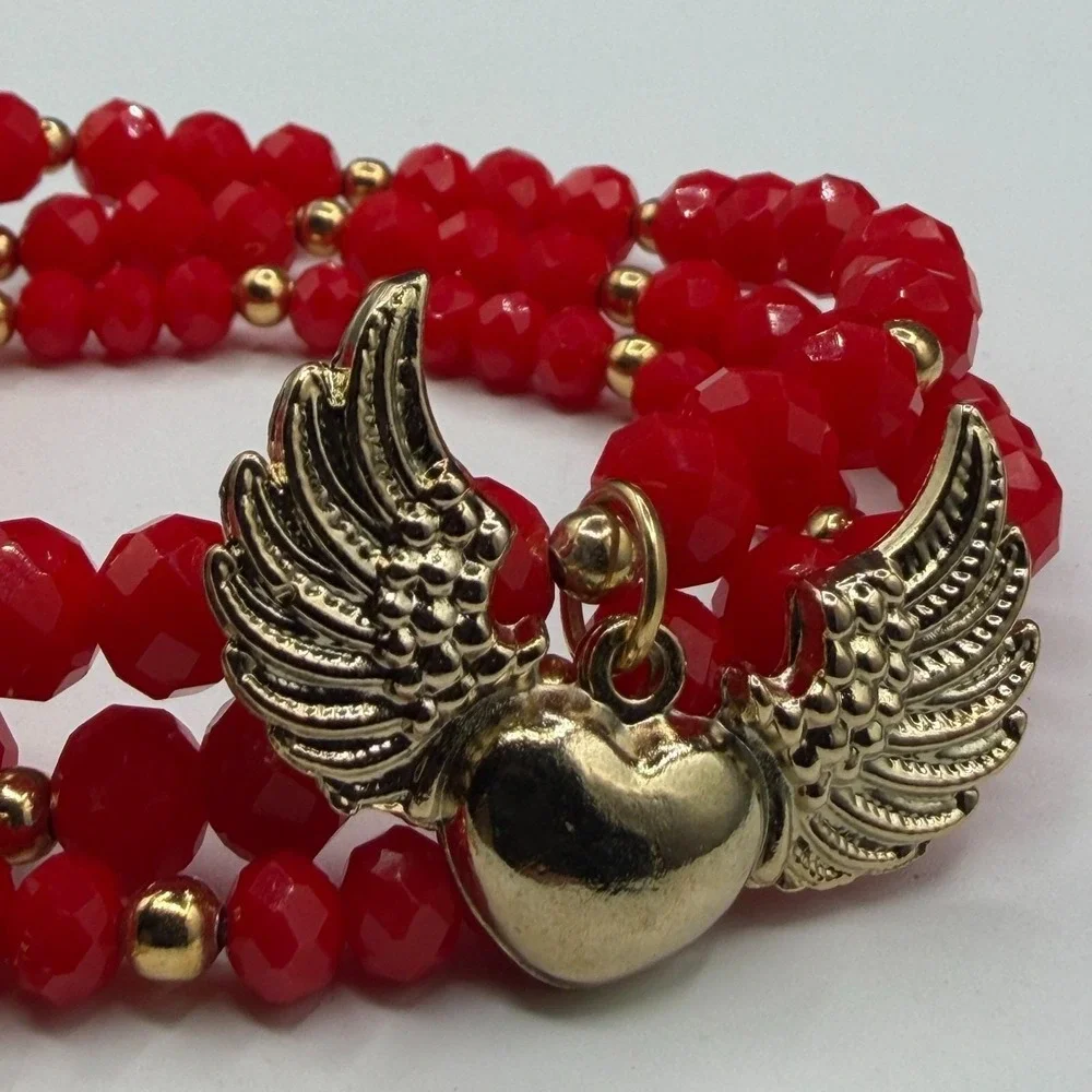 3 Pcs Red Faceted Bead Wrap Bracelet Gold Tone Winged Heart Love Tree Charm Gift